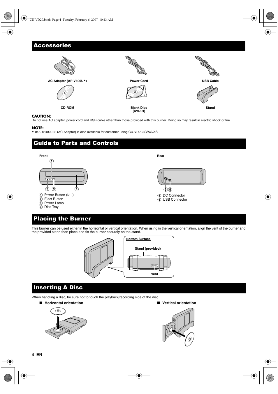 Accessories, Guide to parts and controls, Placing the burner | Inserting a disc | JVC CU-VD20US User Manual | Page 4 / 128