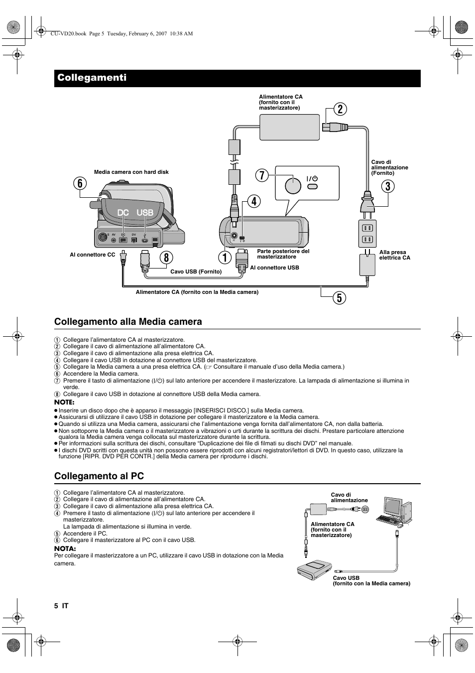 Collegamenti, Collegamento alla media camera, Collegamento al pc | JVC CU-VD20US User Manual | Page 40 / 128