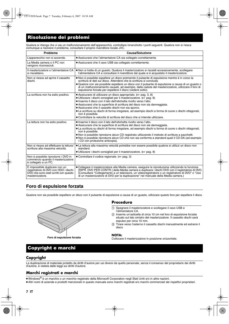 Risoluzione dei problemi, Foro di espulsione forzata, Copyright e marchi | Copyright, Marchi registrati e marchi | JVC CU-VD20US User Manual | Page 42 / 128