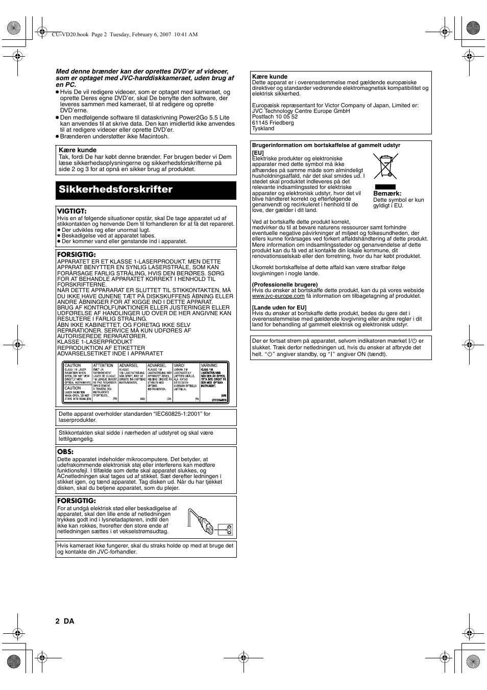 Dansk, Sikkerhedsforskrifter | JVC CU-VD20US User Manual | Page 44 / 128