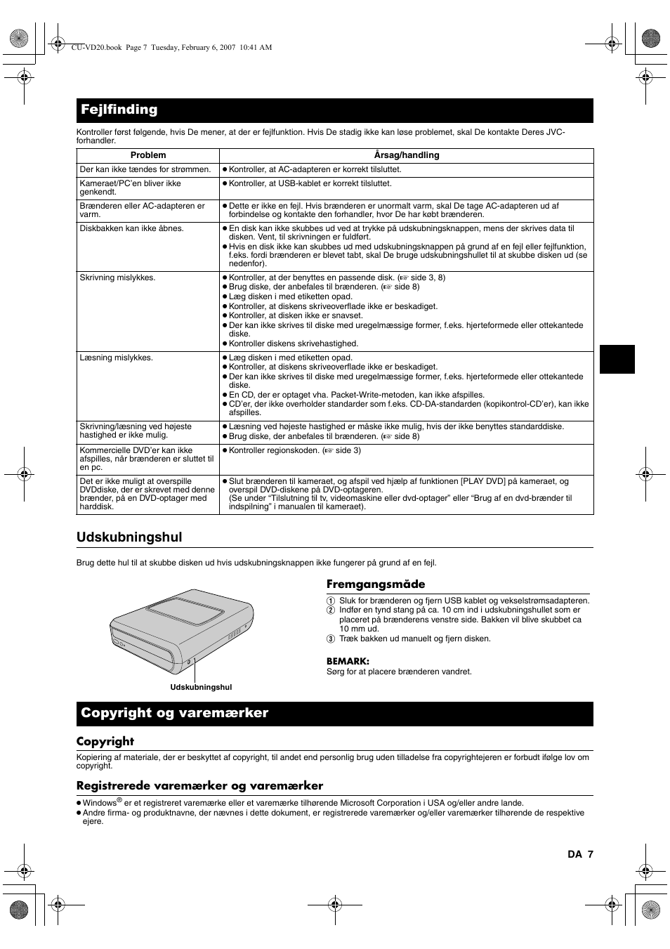 Fejlfinding, Udskubningshul, Copyright og varemærker | Copyright, Registrerede varemærker og varemærker | JVC CU-VD20US User Manual | Page 49 / 128