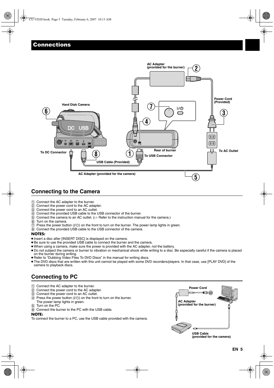 Connections, Connecting to the camera, Connecting to pc | JVC CU-VD20US User Manual | Page 5 / 128