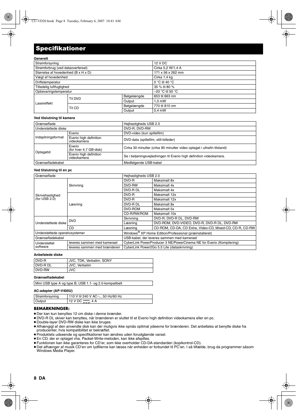 Specifikationer | JVC CU-VD20US User Manual | Page 50 / 128