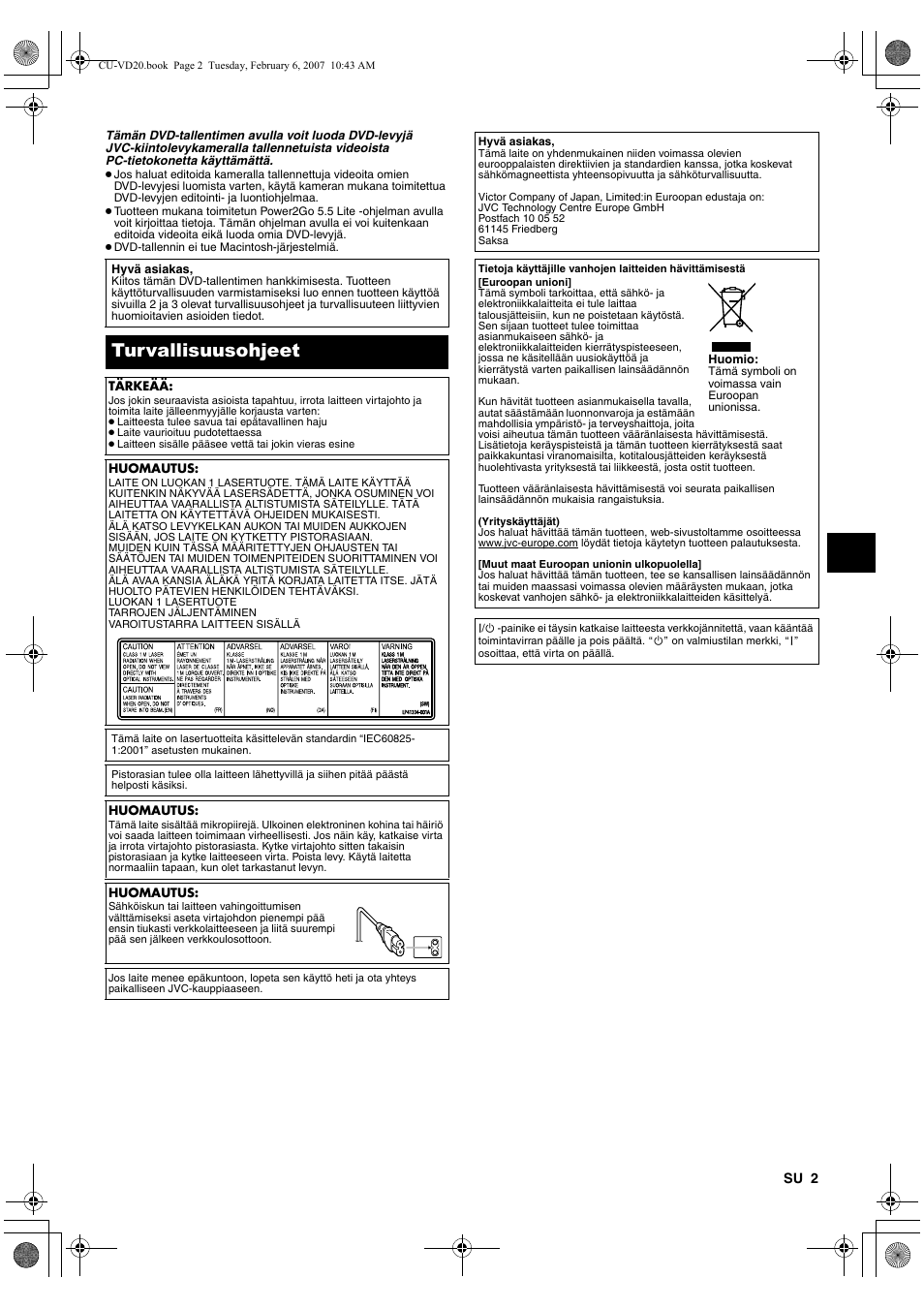 Suomi, Turvallisuusohjeet | JVC CU-VD20US User Manual | Page 51 / 128