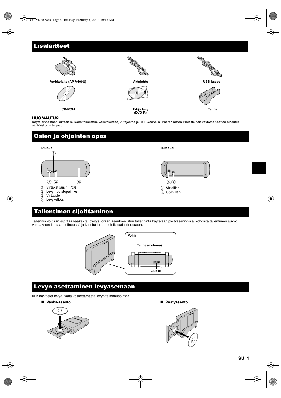 Lisälaitteet, Osien ja ohjainten opas, Tallentimen sijoittaminen | Levyn asettaminen levyasemaan, Osien ja ohjainten opas tallentimen sijoittaminen | JVC CU-VD20US User Manual | Page 53 / 128