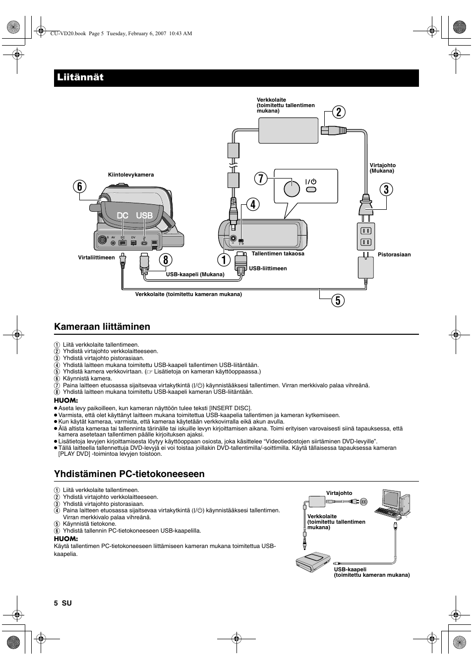 Liitännät, Kameraan liittäminen, Yhdistäminen pc-tietokoneeseen | JVC CU-VD20US User Manual | Page 54 / 128