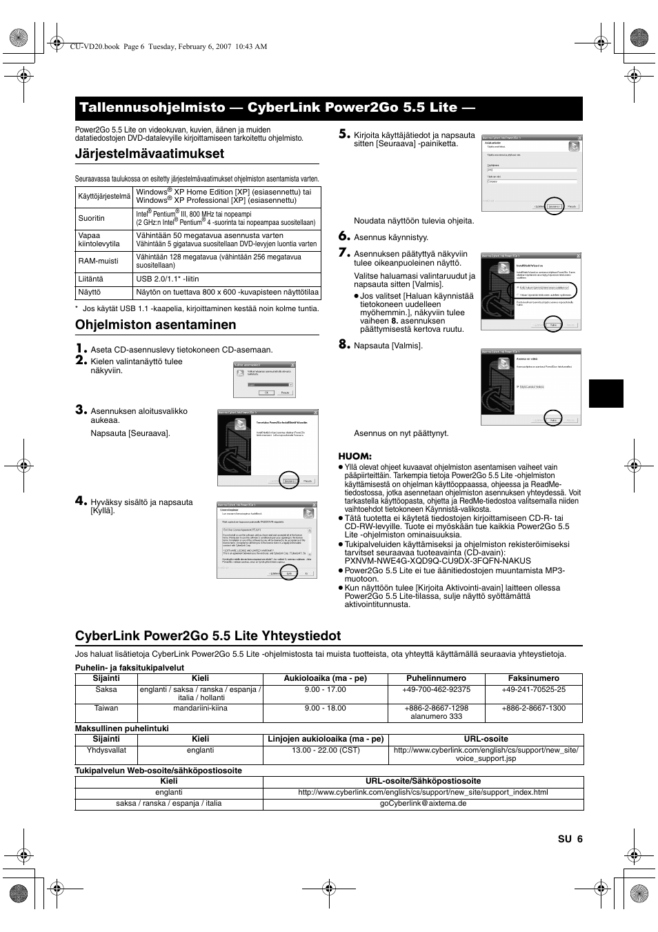 Tallennusohjelmisto - cyberlink power2go 5.5 lite, Järjestelmävaatimukset, Ohjelmiston asentaminen | Cyberlink power2go 5.5 lite yhteystiedot, Tallennusohjelmisto — cyberlink power2go 5.5 lite | JVC CU-VD20US User Manual | Page 55 / 128