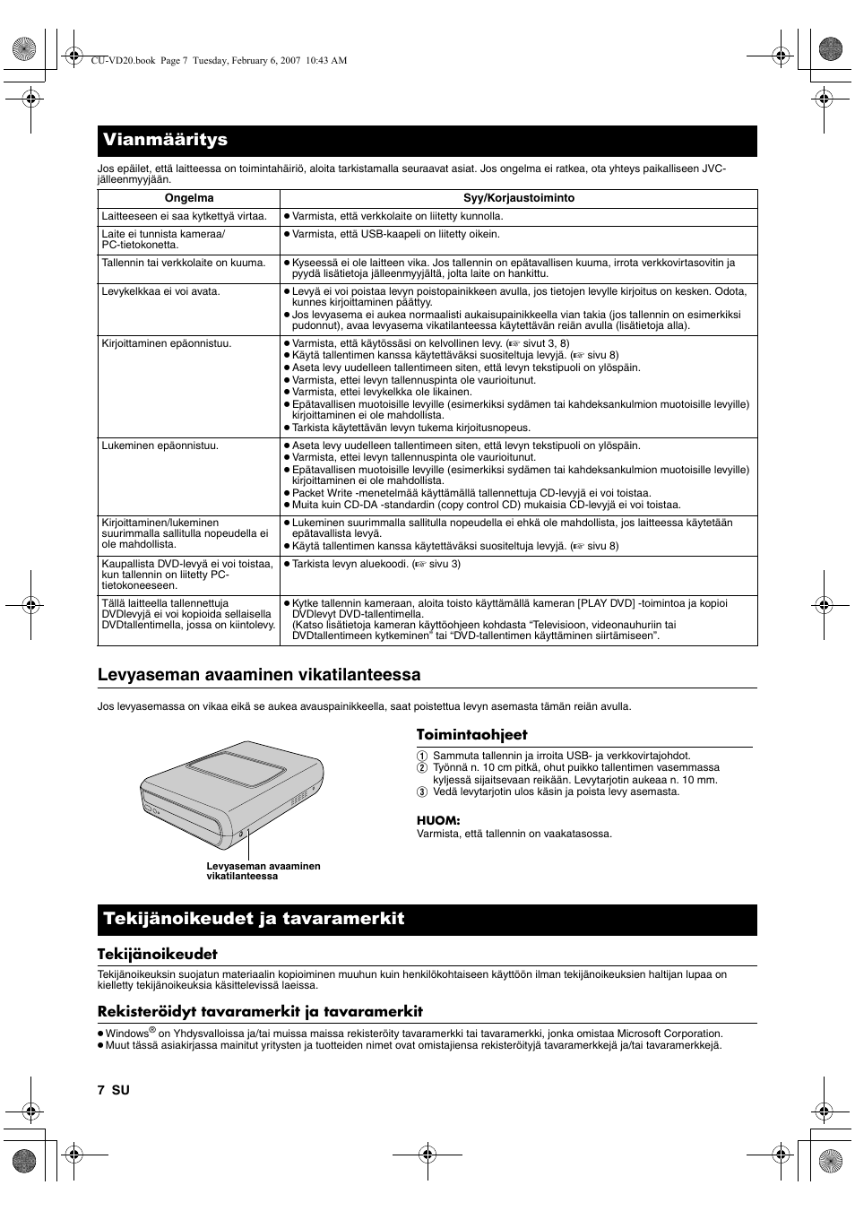 Vianmääritys, Levyaseman avaaminen vikatilanteessa, Tekijänoikeudet ja tavaramerkit | Tekijänoikeudet, Rekisteröidyt tavaramerkit ja tavaramerkit | JVC CU-VD20US User Manual | Page 56 / 128