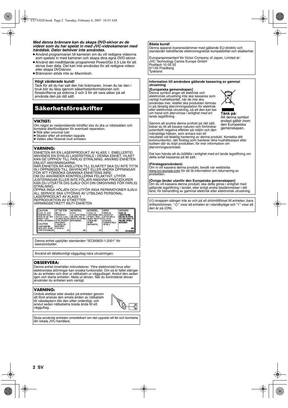 Svenska, Säkerhetsföreskrifter | JVC CU-VD20US User Manual | Page 58 / 128