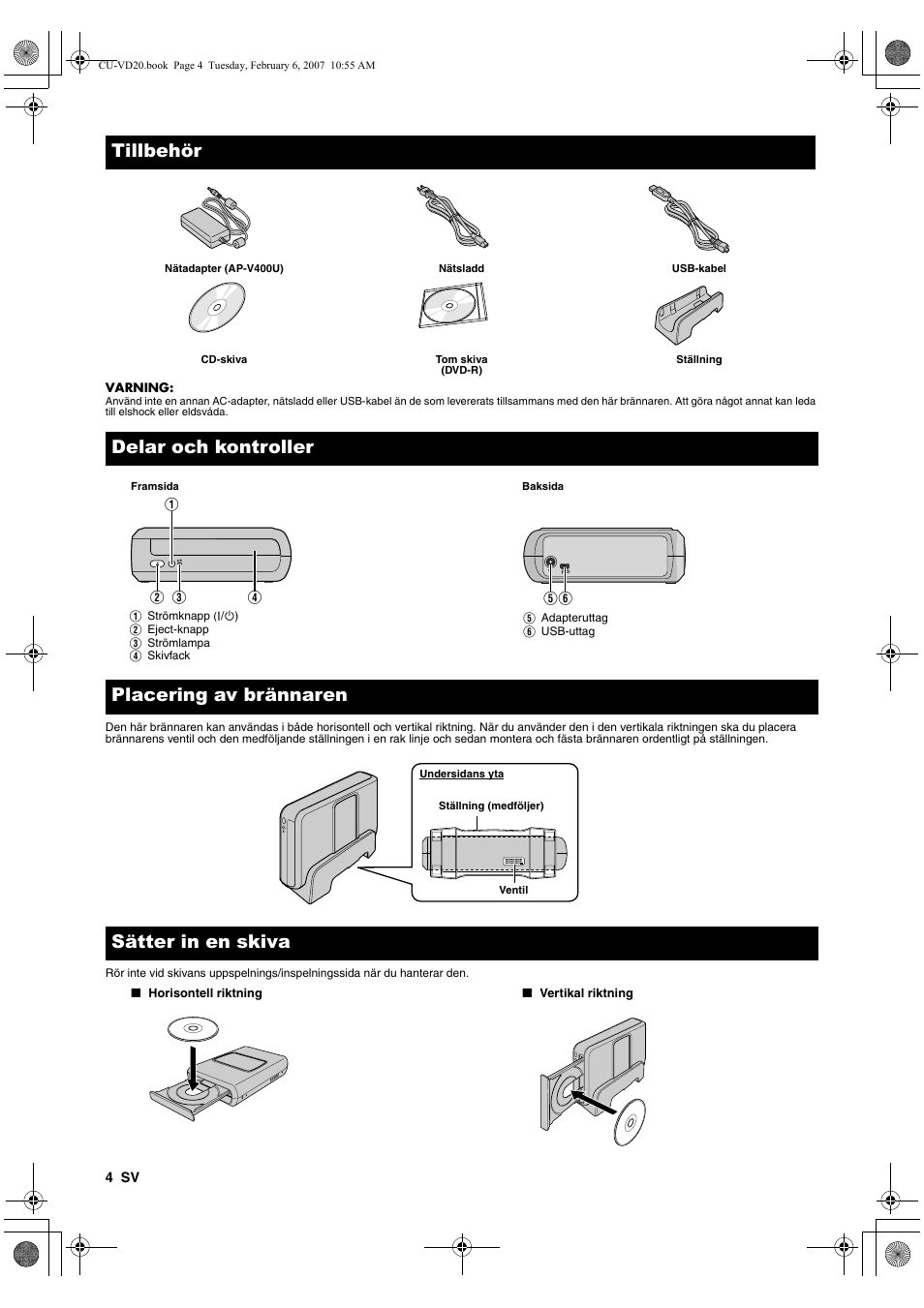 Tillbehör, Delar och kontroller, Placering av brännaren | Sätter in en skiva, Delar och kontroller placering av brännaren | JVC CU-VD20US User Manual | Page 60 / 128