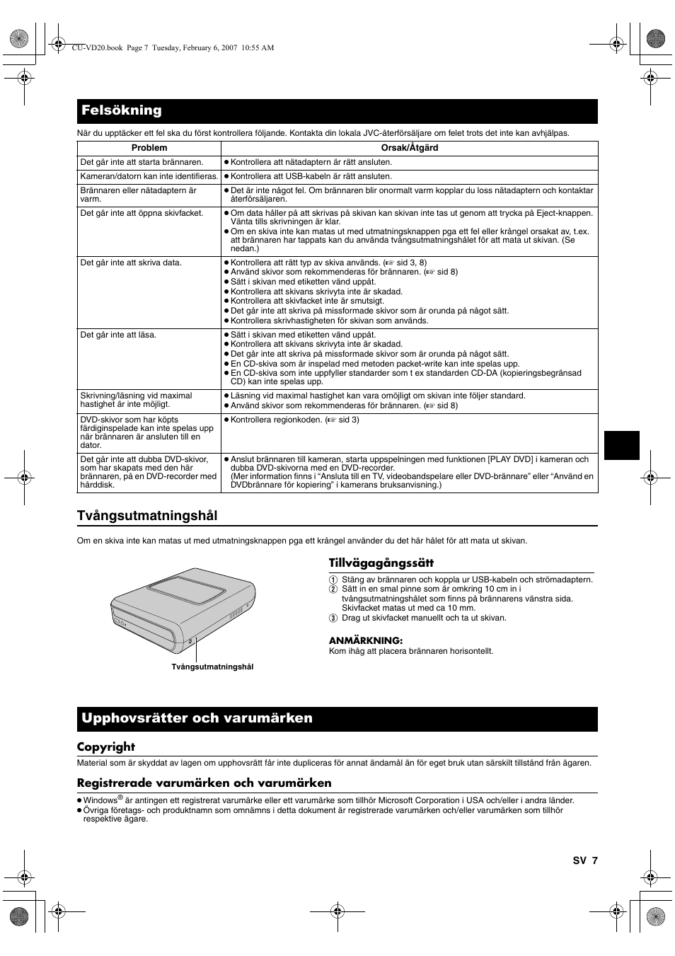 Felsökning, Tvångsutmatningshål, Upphovsrätter och varumärken | Copyright, Registrerade varumärken och varumärken | JVC CU-VD20US User Manual | Page 63 / 128