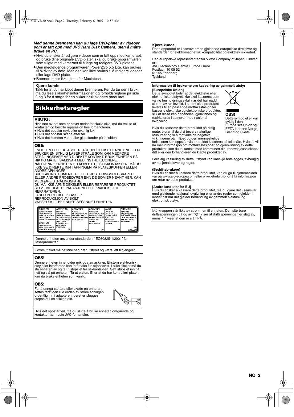 Norsk, Sikkerhetsregler | JVC CU-VD20US User Manual | Page 65 / 128