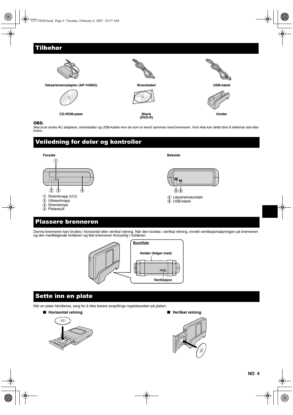 Tilbehør, Veiledning for deler og kontroller, Plassere brenneren | Sette inn en plate | JVC CU-VD20US User Manual | Page 67 / 128