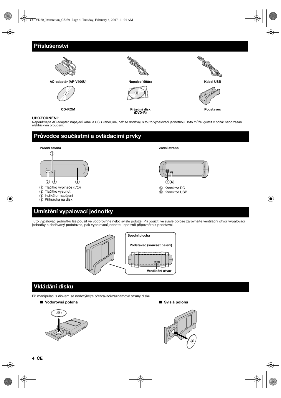 Příslušenství, Průvodce součástmi a ovládacími prvky, Umístění vypalovací jednotky | Vkládání disku | JVC CU-VD20US User Manual | Page 88 / 128