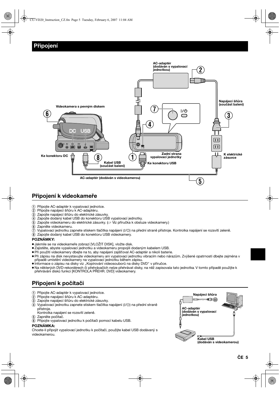 Připojení, Připojení k videokameře, Připojení k počítači | JVC CU-VD20US User Manual | Page 89 / 128
