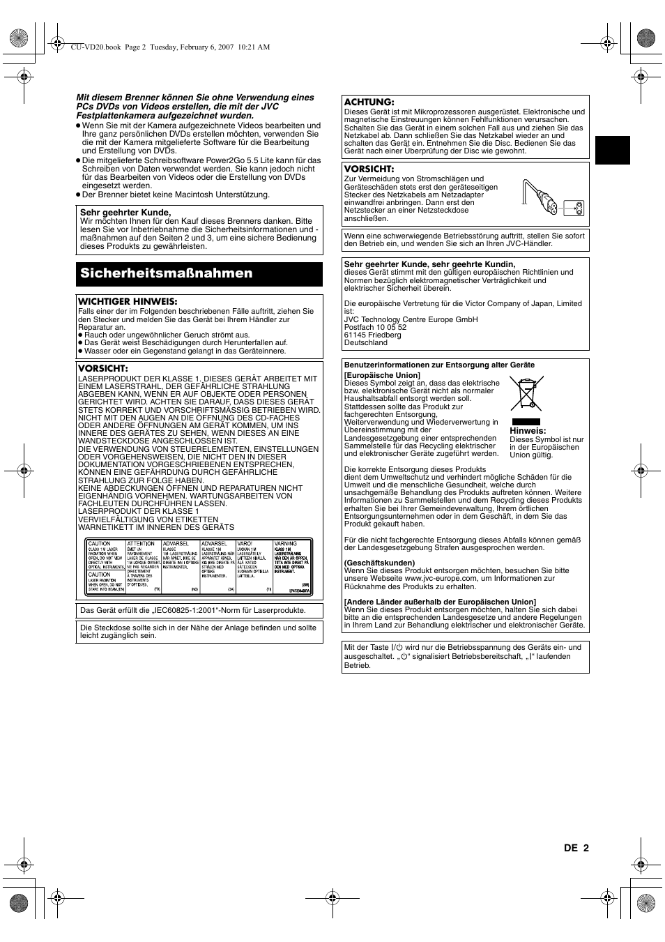 Deutsch, Sicherheitsmaßnahmen | JVC CU-VD20US User Manual | Page 9 / 128