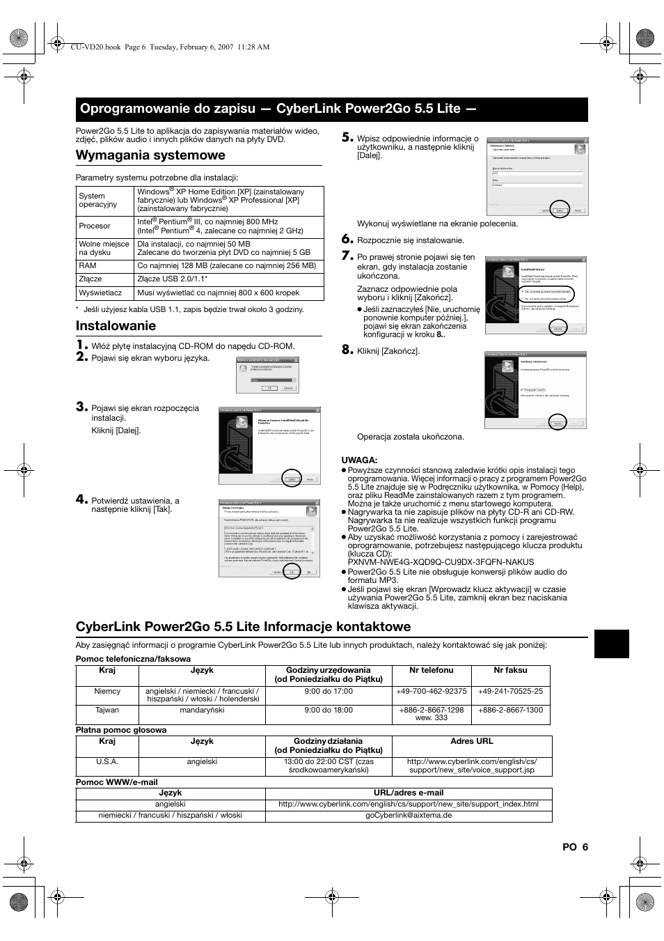 Wymagania systemowe, Instalowanie, Cyberlink power2go 5.5 lite informacje kontaktowe | JVC CU-VD20US User Manual | Page 97 / 128