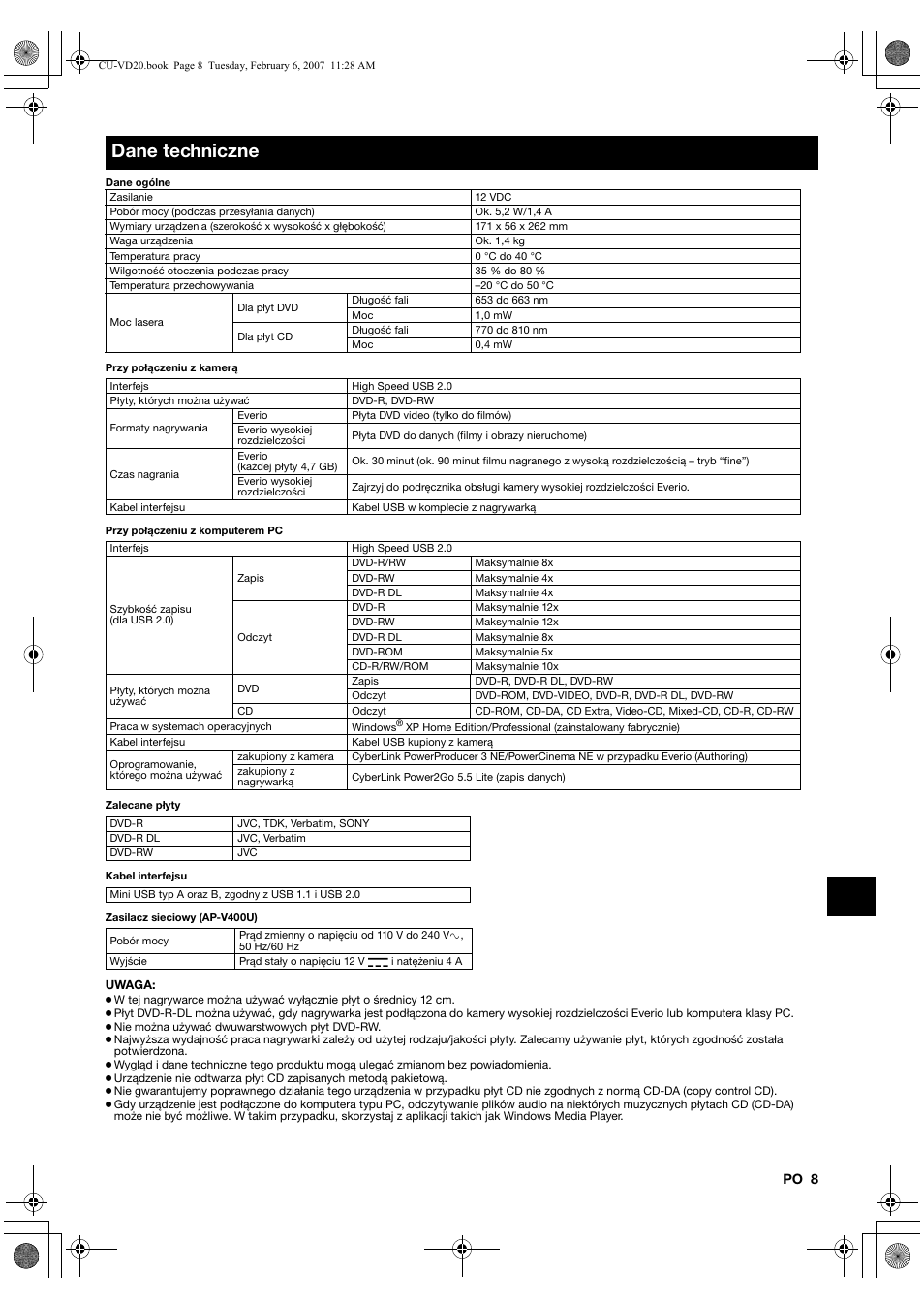 Dane techniczne | JVC CU-VD20US User Manual | Page 99 / 128