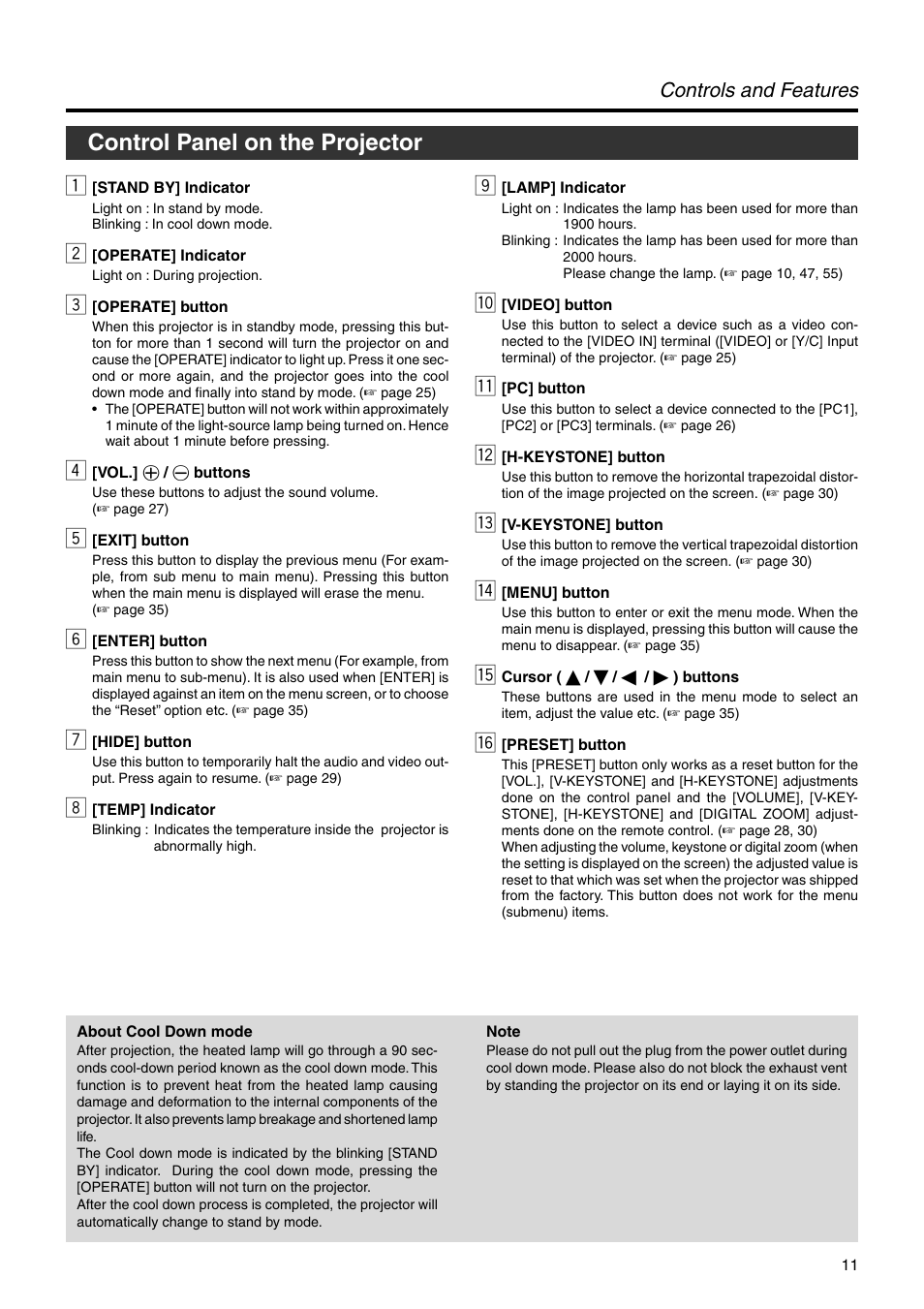 Control panel on the projector, Controls and features | JVC DLA-HX2E User Manual | Page 11 / 62