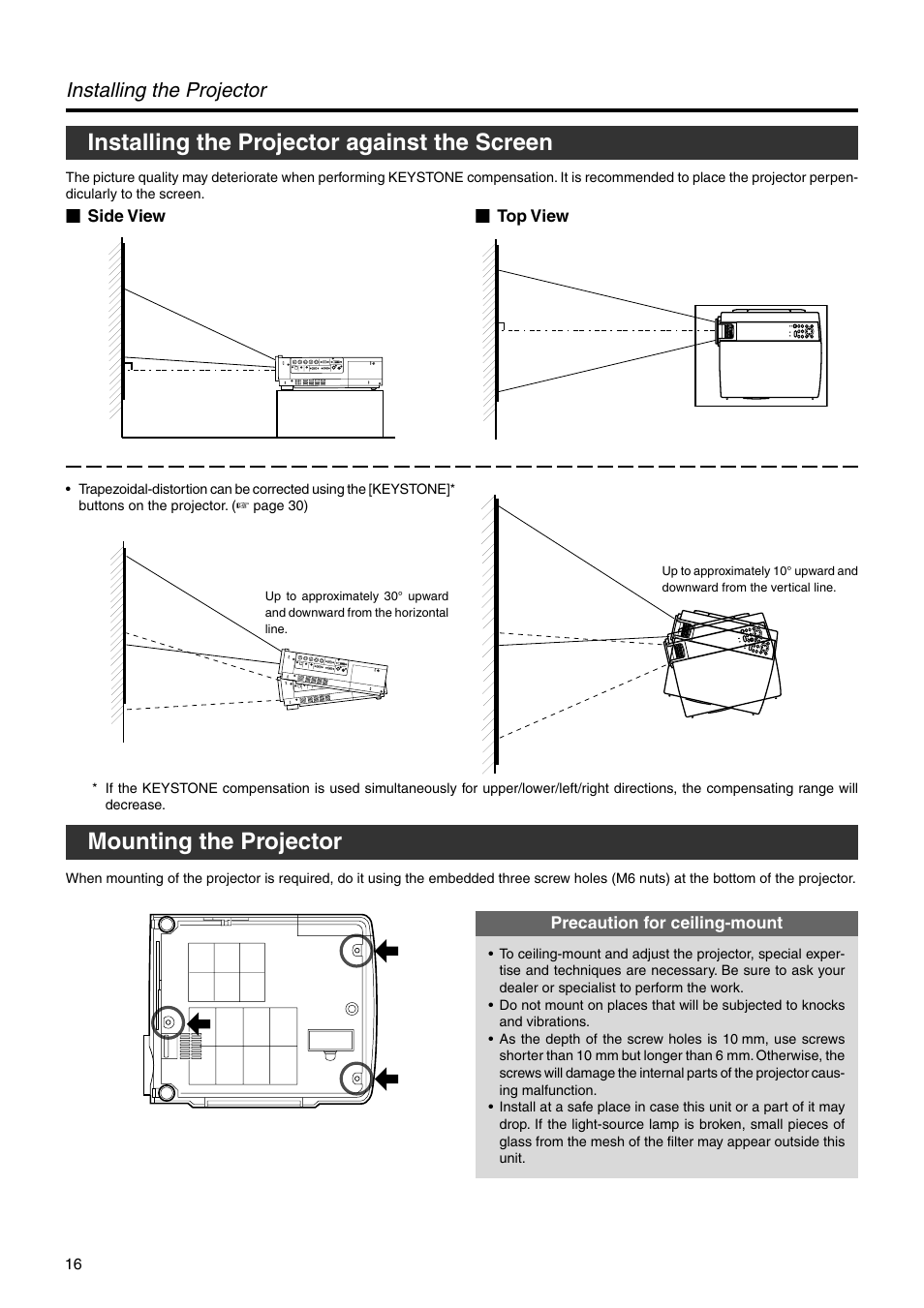 Installing the projector against the screen, Mounting the projector, Installing the projector | JVC DLA-HX2E User Manual | Page 16 / 62
