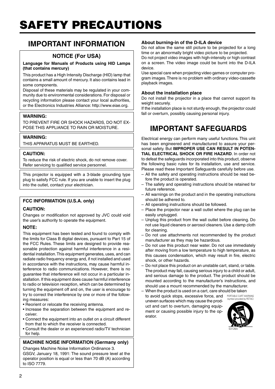 Safety precautions, Important information, Important safeguards | Notice (for usa) | JVC DLA-HX2E User Manual | Page 2 / 62