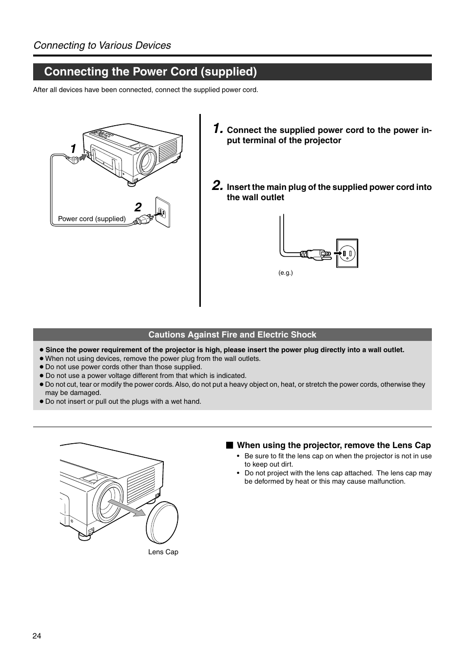 Connecting the power cord (supplied), Connecting to various devices | JVC DLA-HX2E User Manual | Page 24 / 62