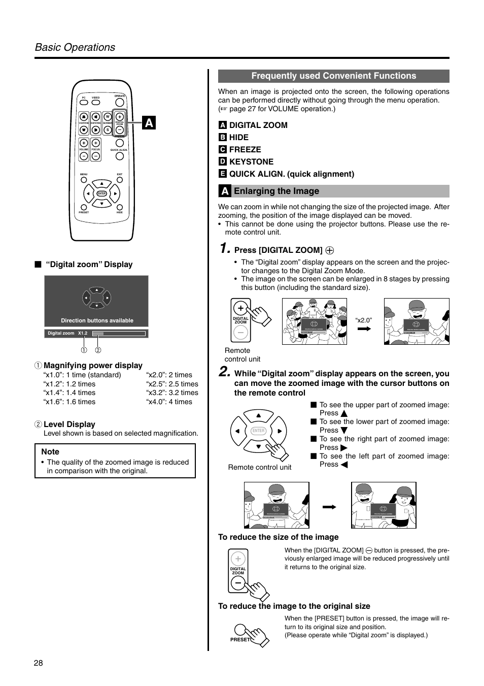 Frequently used convenient functions, Enlarging the image, Basic operations | Digital zoom” display 1 magnifying power display, 2 level display, Press [digital zoom] ª | JVC DLA-HX2E User Manual | Page 28 / 62