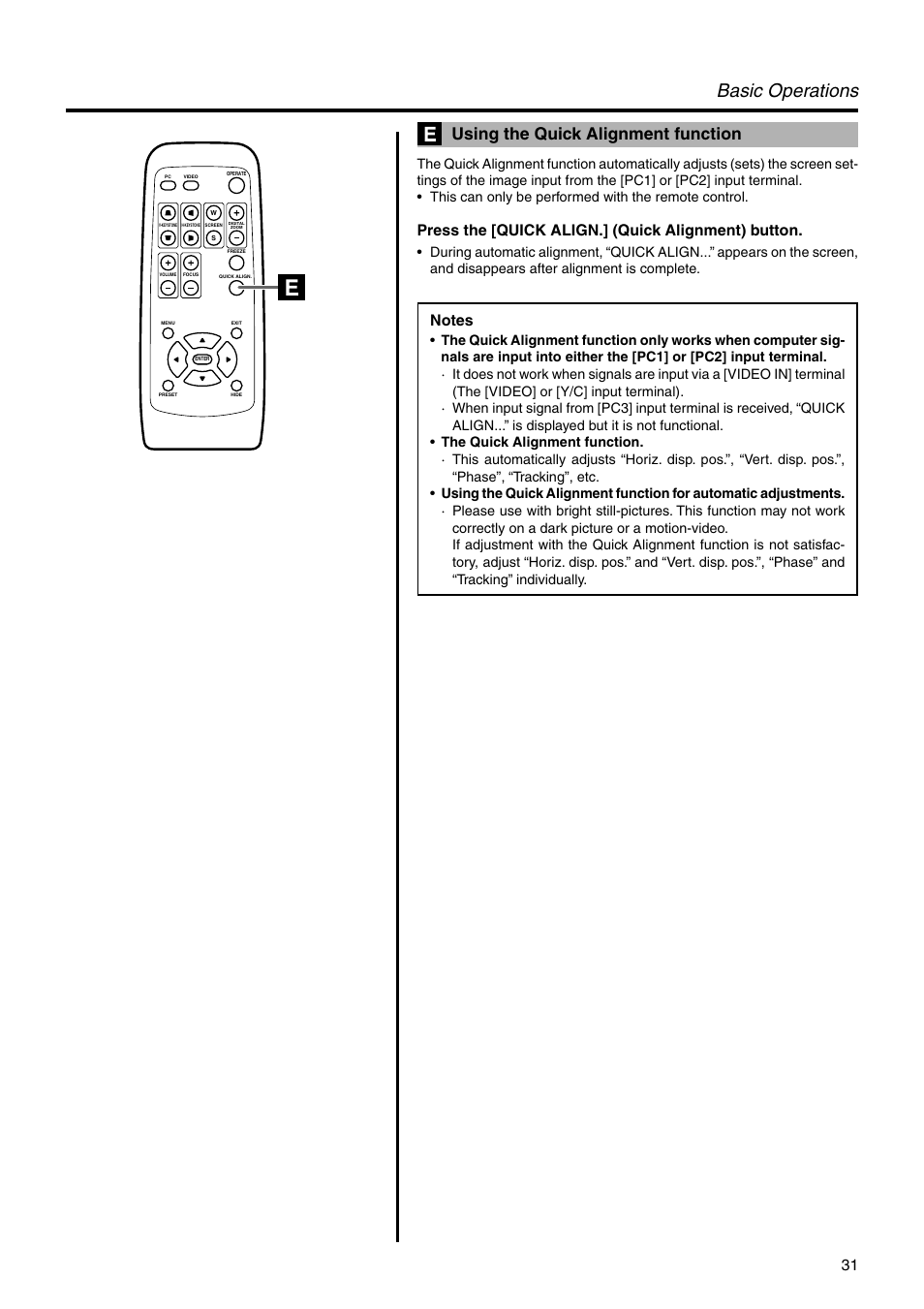 Using the quick alignment function, Basic operations, Press the [quick align.] (quick alignment) button | JVC DLA-HX2E User Manual | Page 31 / 62