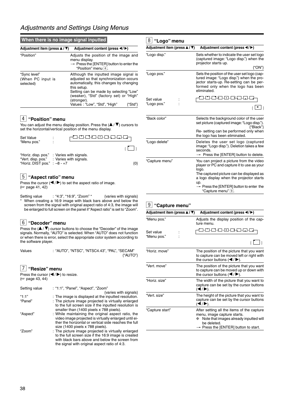 4 “position” menu, 5 “aspect ratio” menu, 6 “decoder” menu | 7 “resize” menu, 8 “logo” menu, 9 “capture menu, Adjustments and settings using menus, Logo” menu, Capture menu, When there is no image signal inputted | JVC DLA-HX2E User Manual | Page 38 / 62