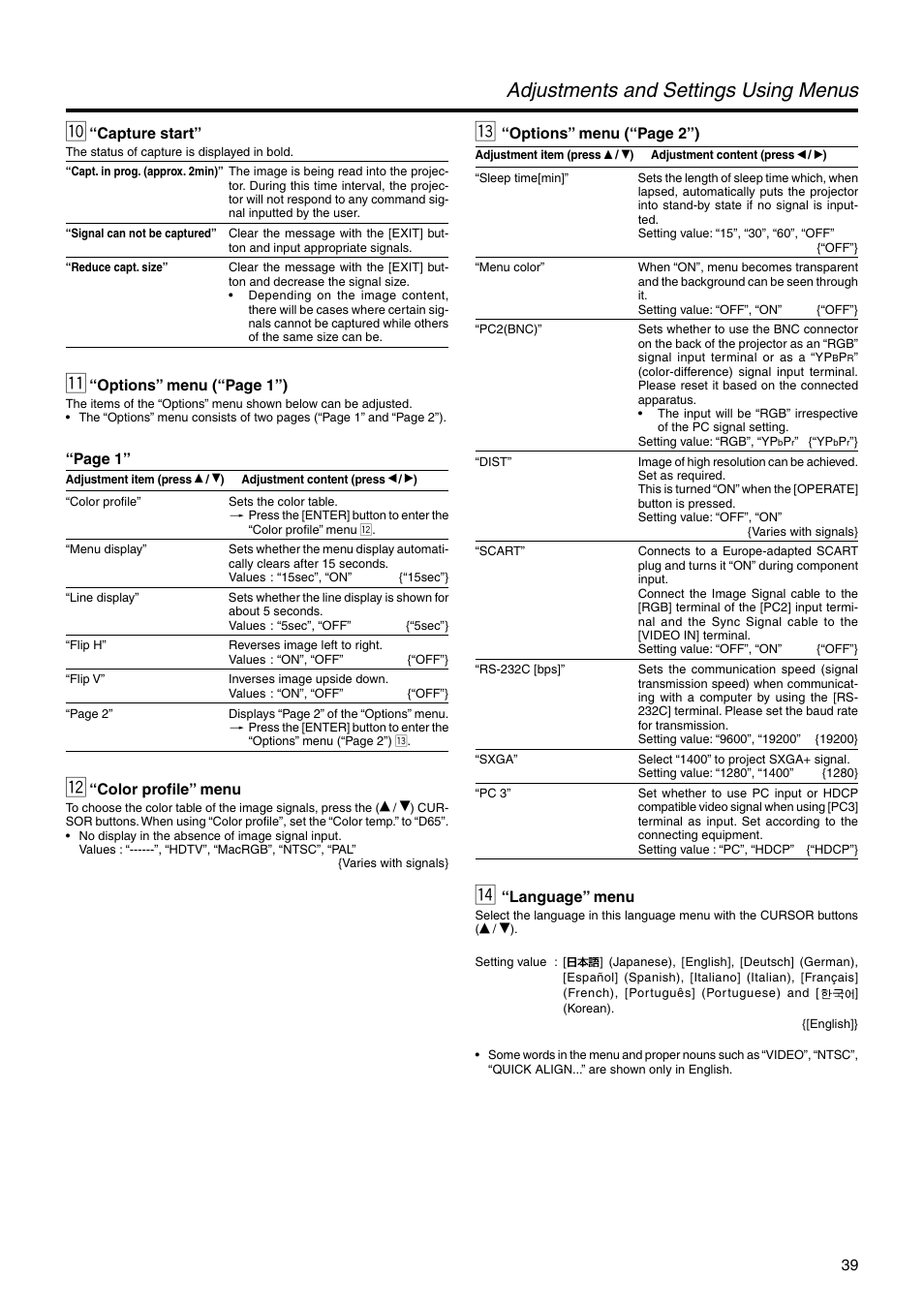 10 “capture start, 12 “color profile” menu, 14 “language” menu | Adjustments and settings using menus, Options” menu (“page 2”), Language” menu, Capture start, Options” menu (“page 1”), Page 1, Color profile” menu | JVC DLA-HX2E User Manual | Page 39 / 62