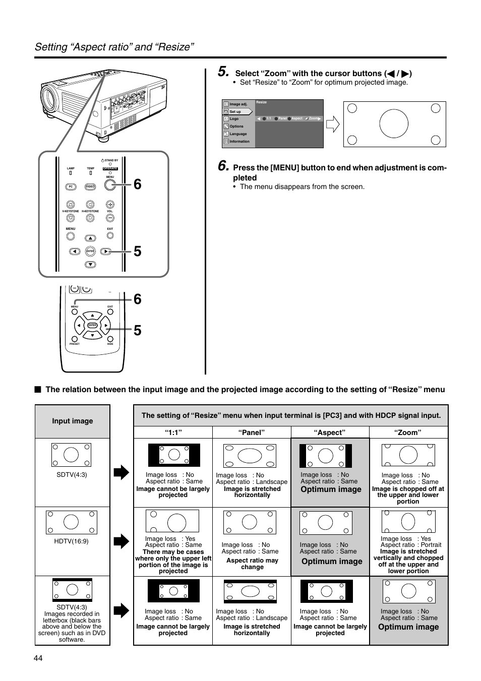 Setting “aspect ratio” and “resize, Select “zoom” with the cursor buttons ( ᮤ / ᮣ ), Optimum image | JVC DLA-HX2E User Manual | Page 44 / 62
