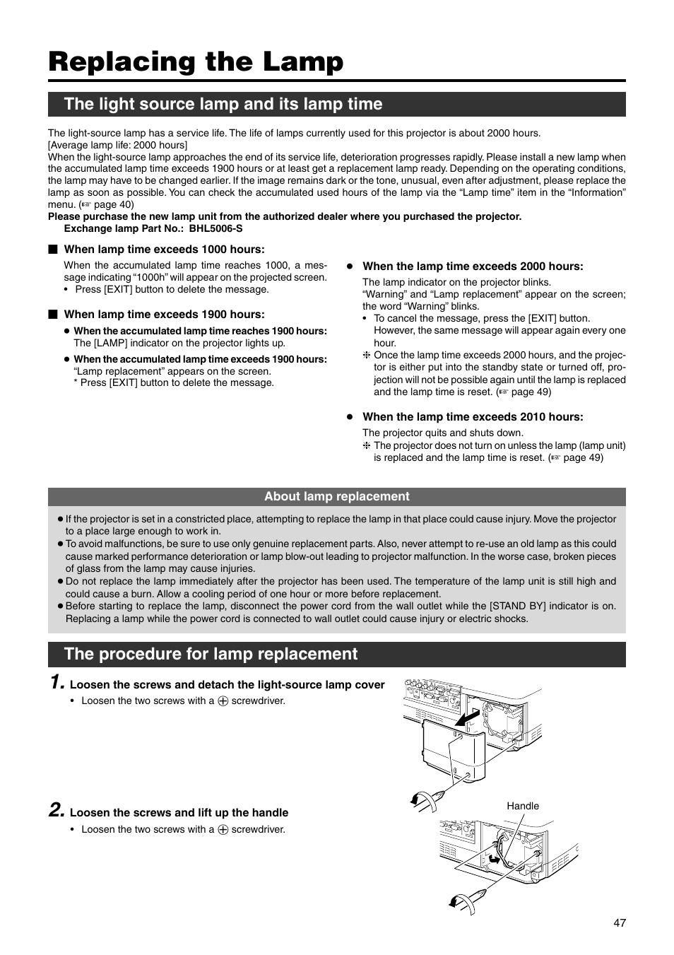 Replacing the lamp, The light source lamp and its lamp time, The procedure for lamp replacement | JVC DLA-HX2E User Manual | Page 47 / 62