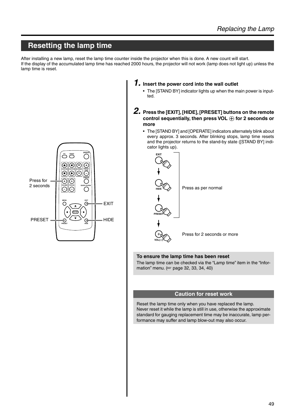 Resetting the lamp time, Replacing the lamp, Caution for reset work | Insert the power cord into the wall outlet, For 2 seconds or more | JVC DLA-HX2E User Manual | Page 49 / 62