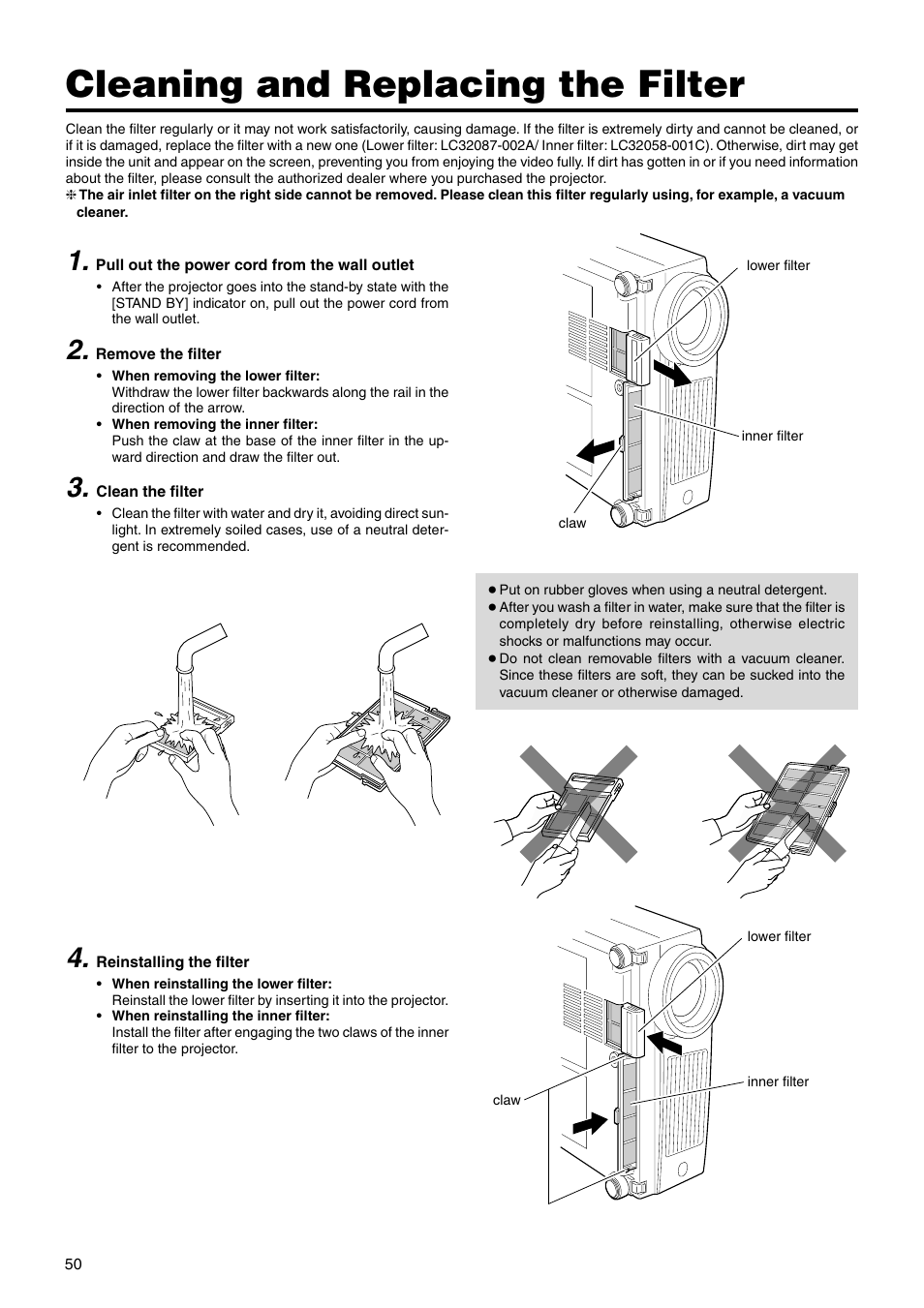 Cleaning and replacing the filter | JVC DLA-HX2E User Manual | Page 50 / 62