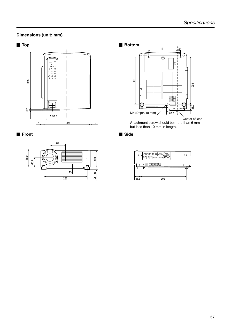 Dimensions (unit: mm), Specifications, Front Ⅵ bottom Ⅵ top Ⅵ side | JVC DLA-HX2E User Manual | Page 57 / 62