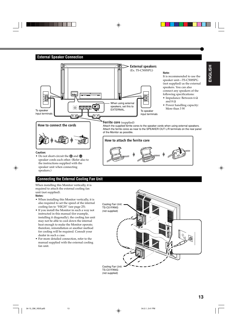 External speaker connection, Connecting the external cooling fan unit, English external speaker connection | JVC GM X50U User Manual | Page 100 / 128