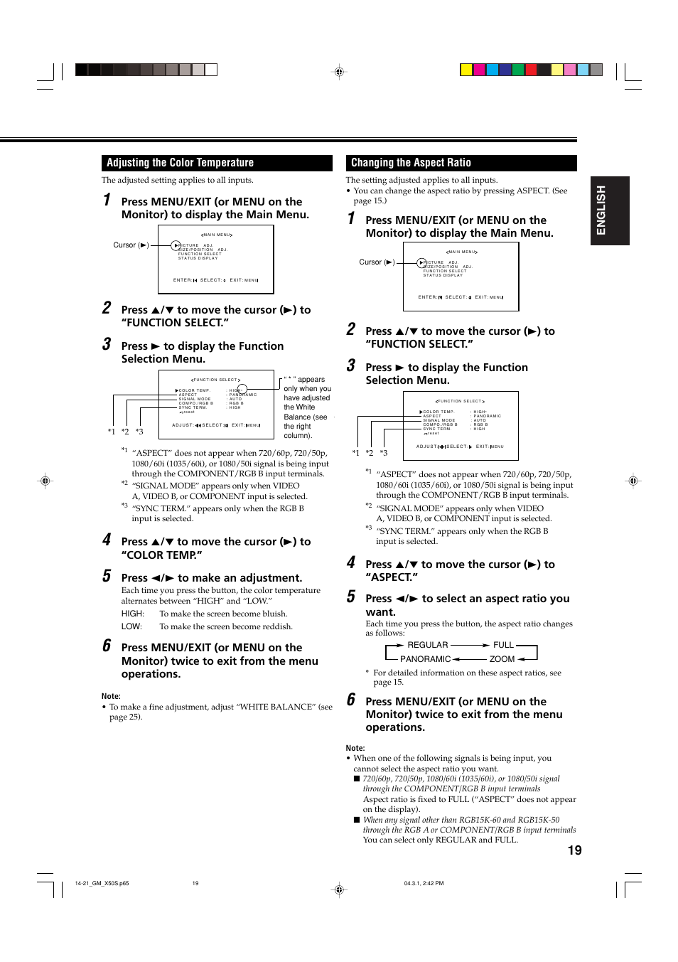 Adjusting the color temperature, Changing the aspect ratio | JVC GM X50U User Manual | Page 106 / 128