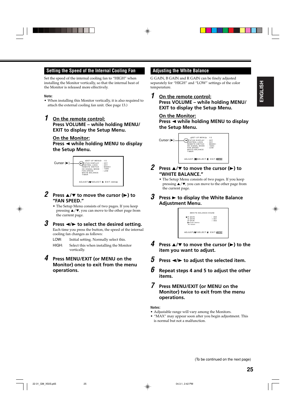 Setting the speed of the internal cooling fan, Adjusting the white balance | JVC GM X50U User Manual | Page 112 / 128