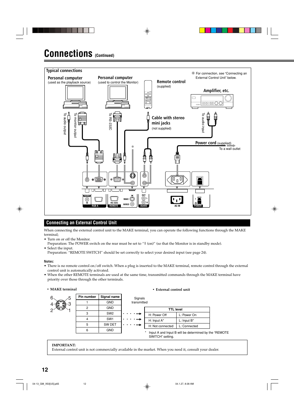 Connecting an external control unit, Connections, Typical connections personal computer | Personal computer, Cable with stereo mini jacks, Remote control, Amplifier, etc, Power cord | JVC GM X50U User Manual | Page 13 / 128
