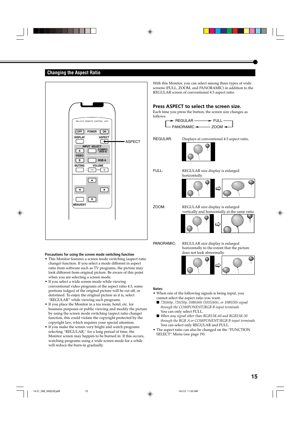 Changing the aspect ratio, Press aspect to select the screen size | JVC GM X50U User Manual | Page 16 / 128