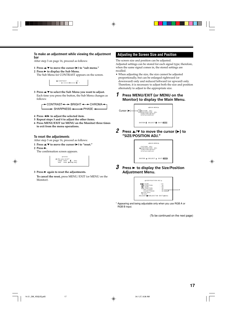 Adjusting the screen size and position | JVC GM X50U User Manual | Page 18 / 128