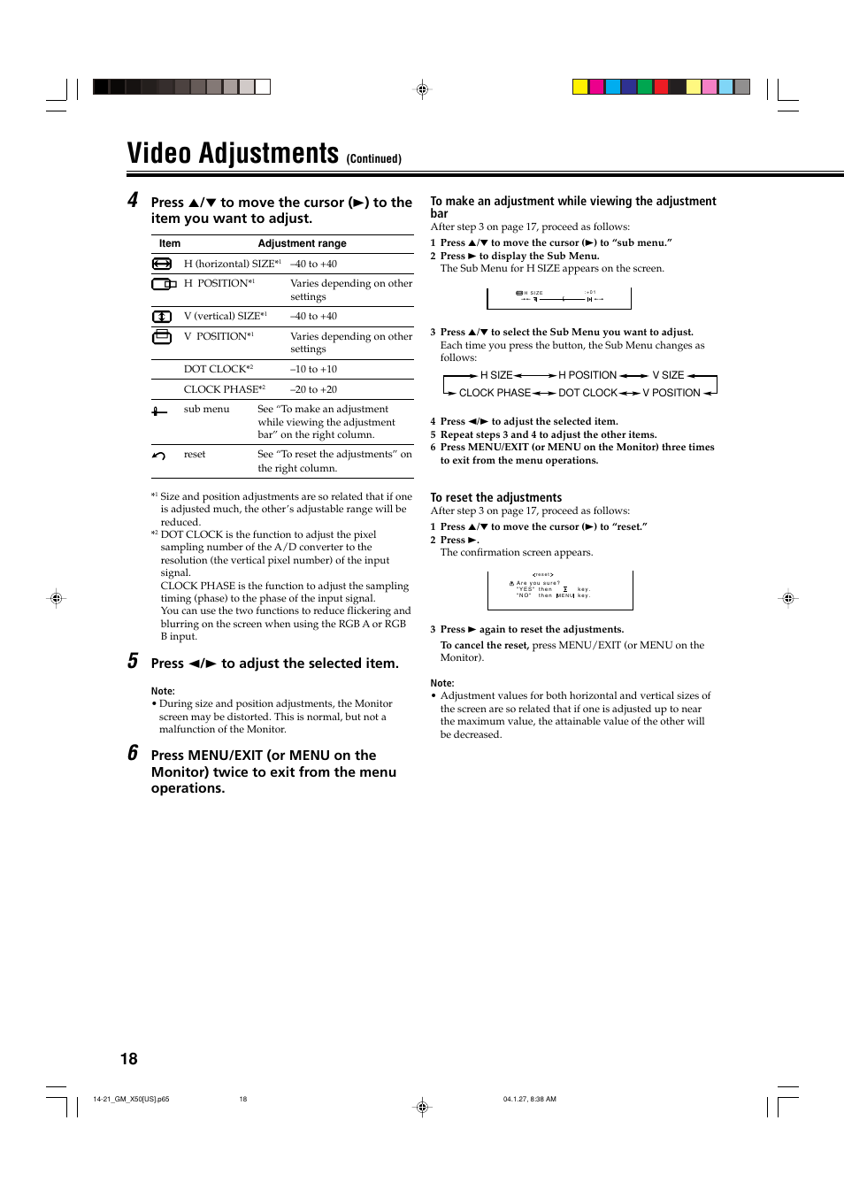 Video adjustments, Press 2 / 3 to adjust the selected item | JVC GM X50U User Manual | Page 19 / 128