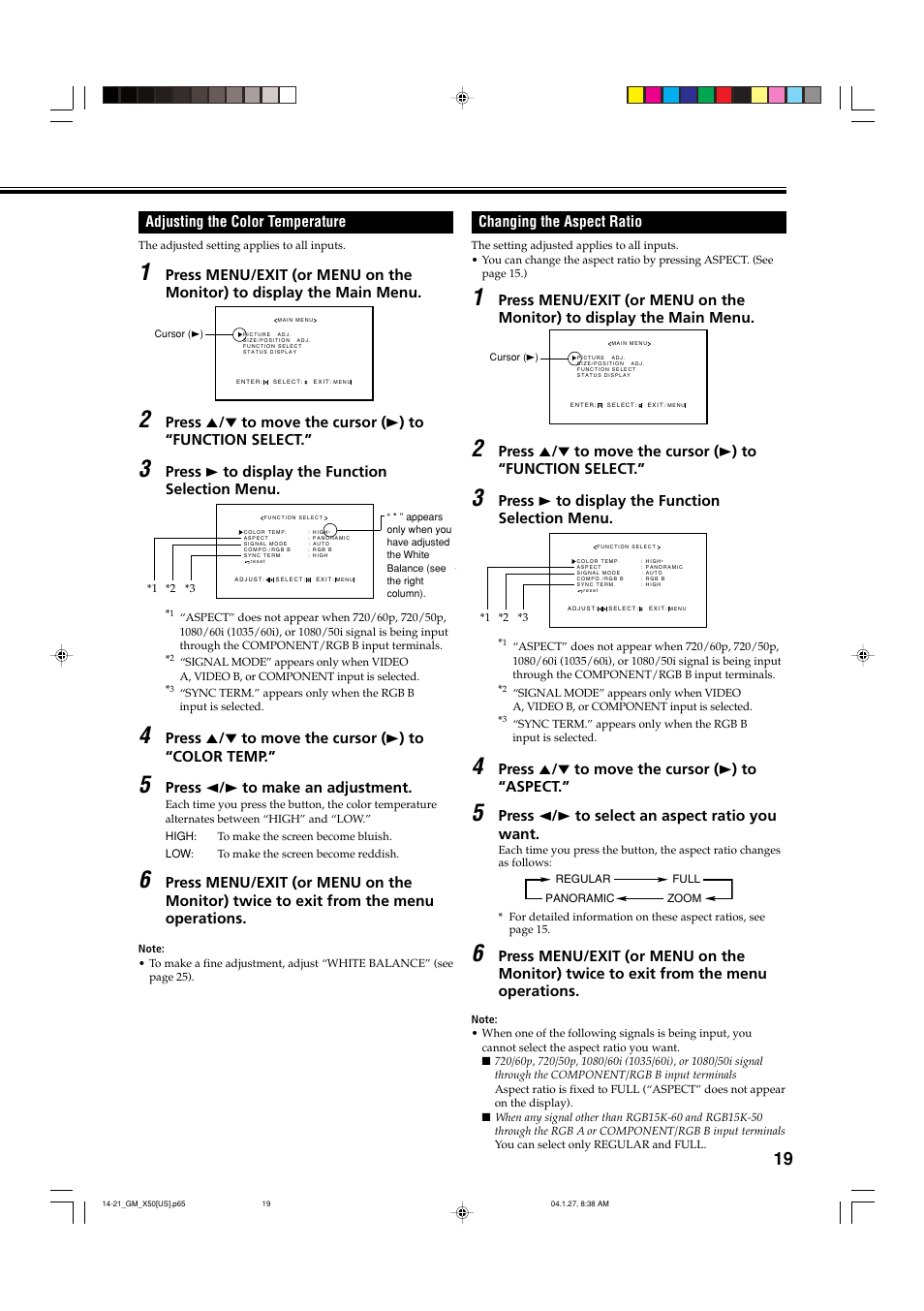 Adjusting the color temperature, Changing the aspect ratio | JVC GM X50U User Manual | Page 20 / 128