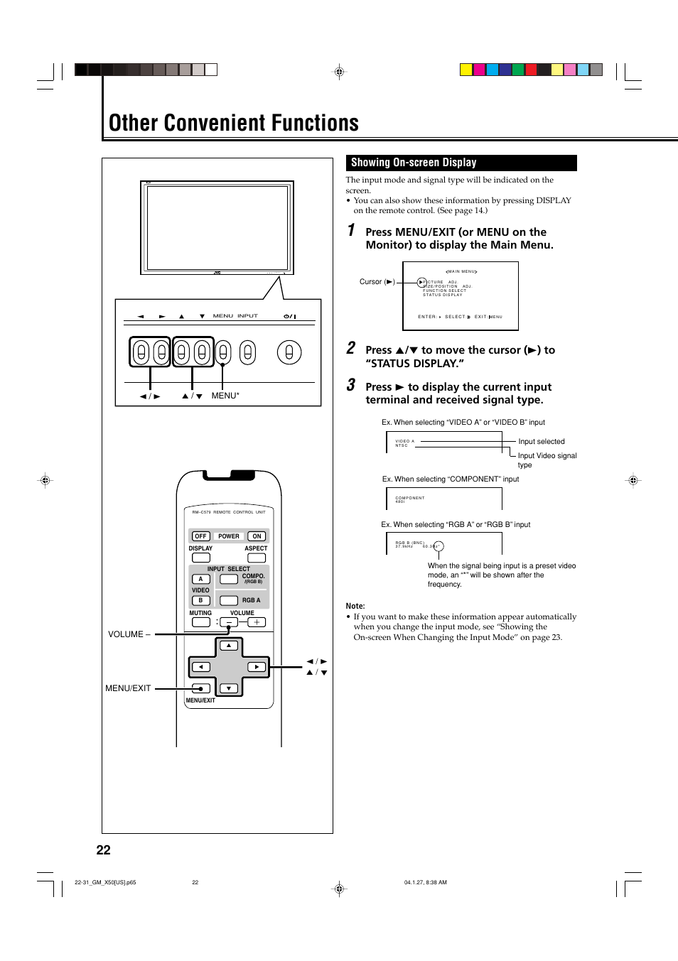 Other convenient functions, Showing on-screen display | JVC GM X50U User Manual | Page 23 / 128