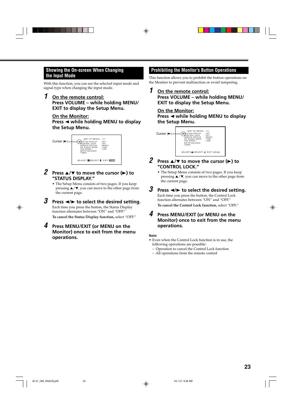 Showing the on-screen when changing the input mode, Prohibiting the monitor’s button operations | JVC GM X50U User Manual | Page 24 / 128