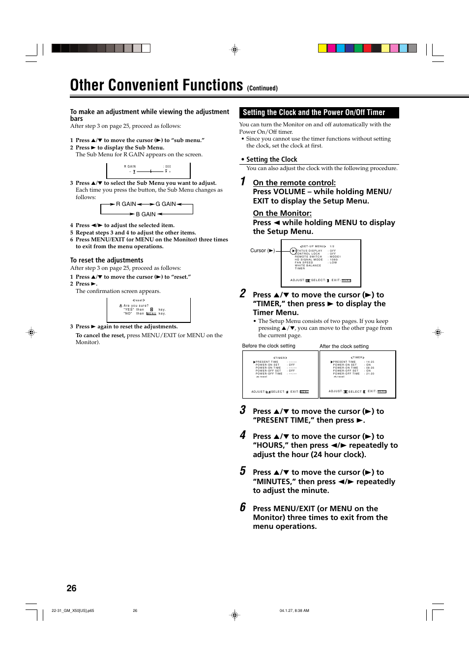 Setting the clock and the power on/off timer, Other convenient functions | JVC GM X50U User Manual | Page 27 / 128