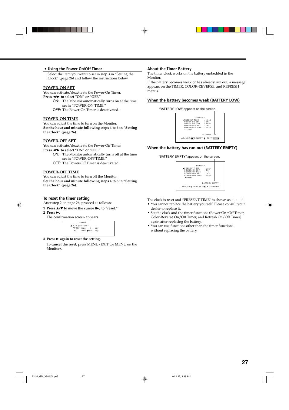 Using the power on/off timer, About the timer battery, Power-on set | Power-on time, Power-off set, Power-off time, When the battery becomes weak (battery low), When the battery has run out (battery empty) | JVC GM X50U User Manual | Page 28 / 128