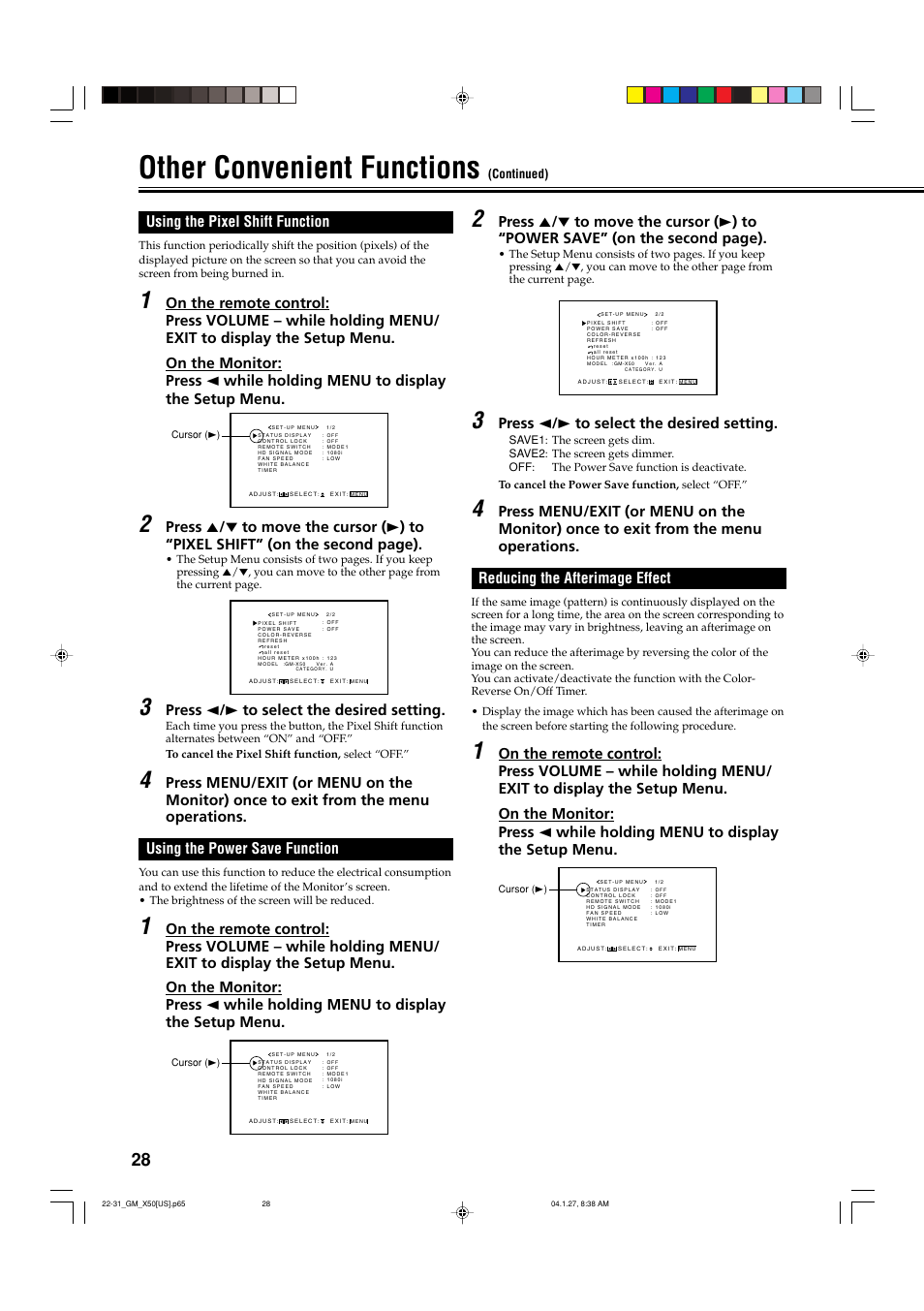 Using the pixel shift function, Using the power save function, Reducing the afterimage effect | Other convenient functions, Press 2 / 3 to select the desired setting | JVC GM X50U User Manual | Page 29 / 128
