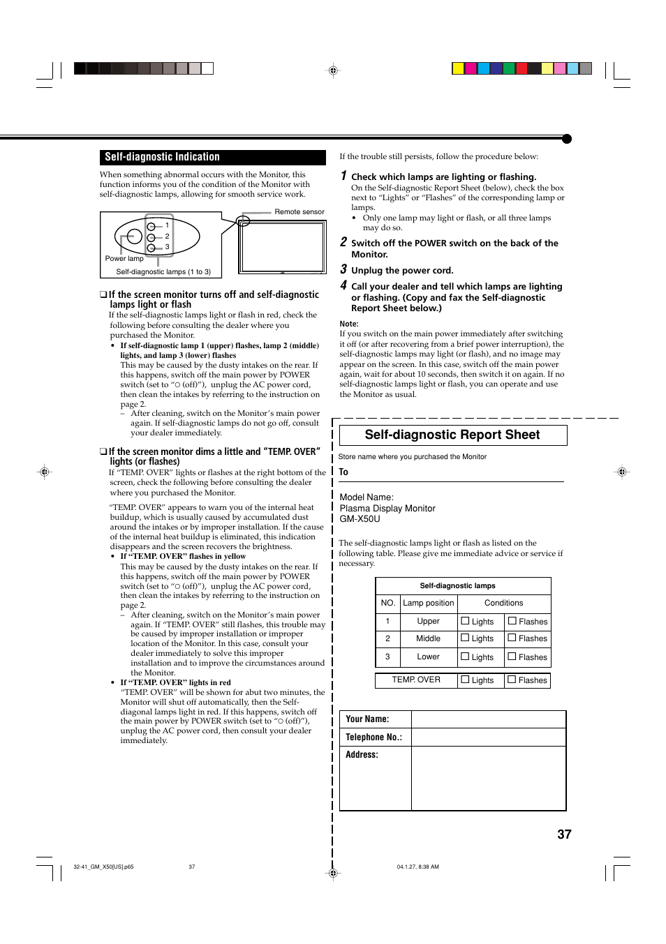 Self-diagnostic indication, Self-diagnostic report sheet | JVC GM X50U User Manual | Page 38 / 128