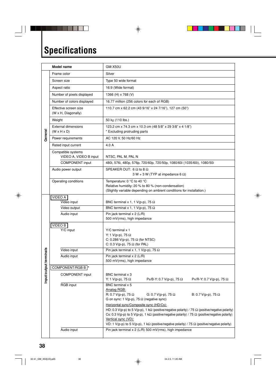 Specifications | JVC GM X50U User Manual | Page 39 / 128